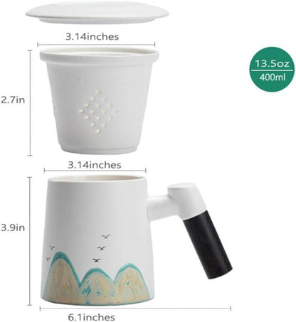 Handgemalter Teebecher aus Keramik mit Deckel und Holzgriff 400ml