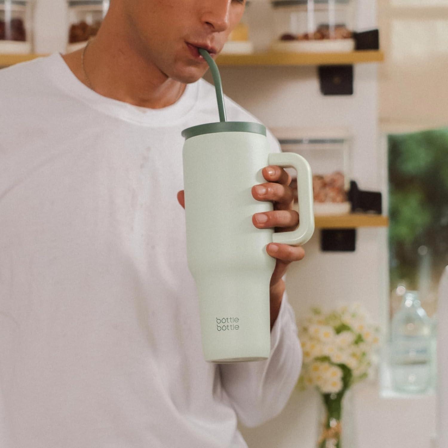 Edelstahl Kaffeebecher 1,1L mit Griff und Strohhalm, BPA