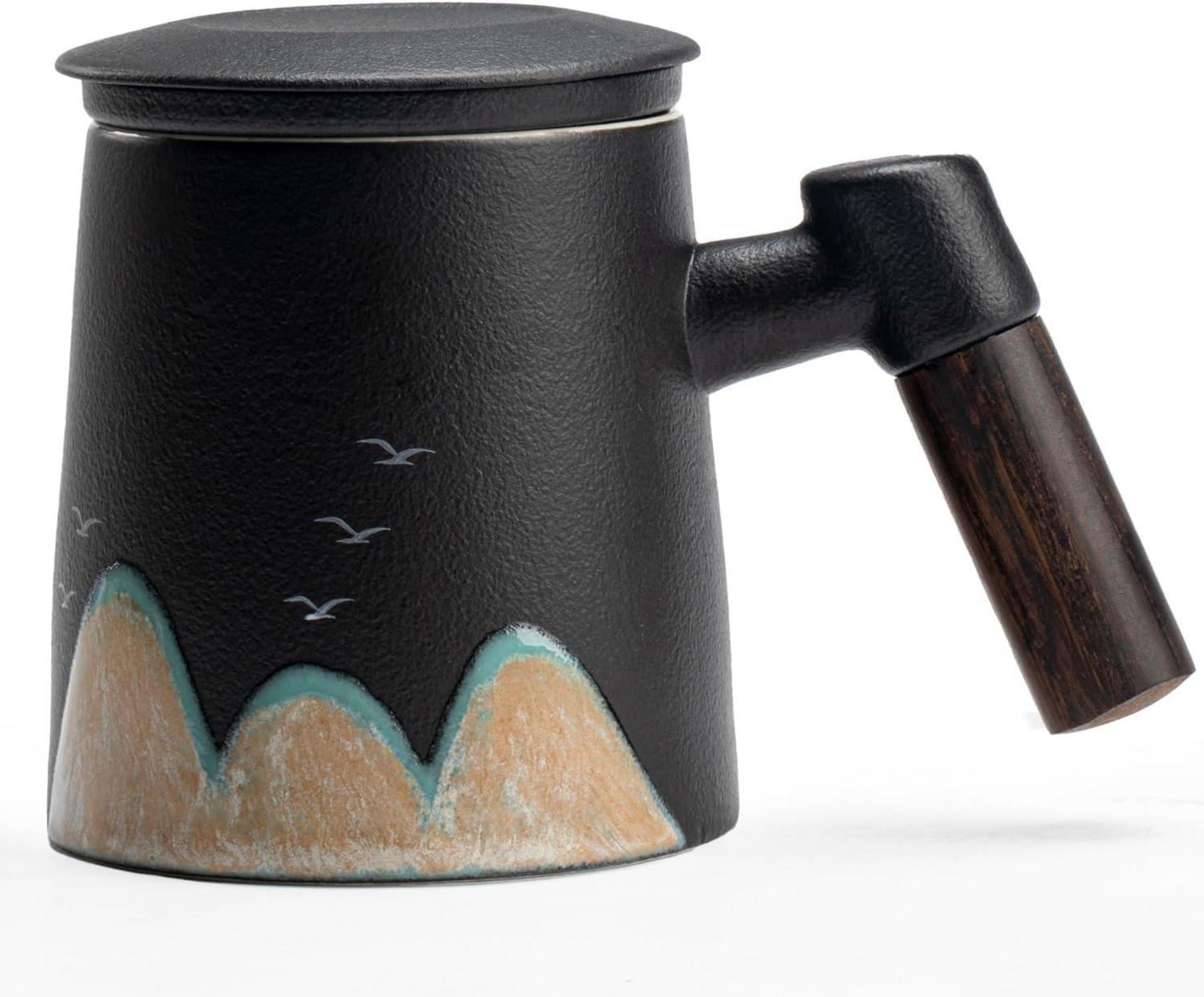 Handgemalter Teebecher mit Deckel und Holzgriff