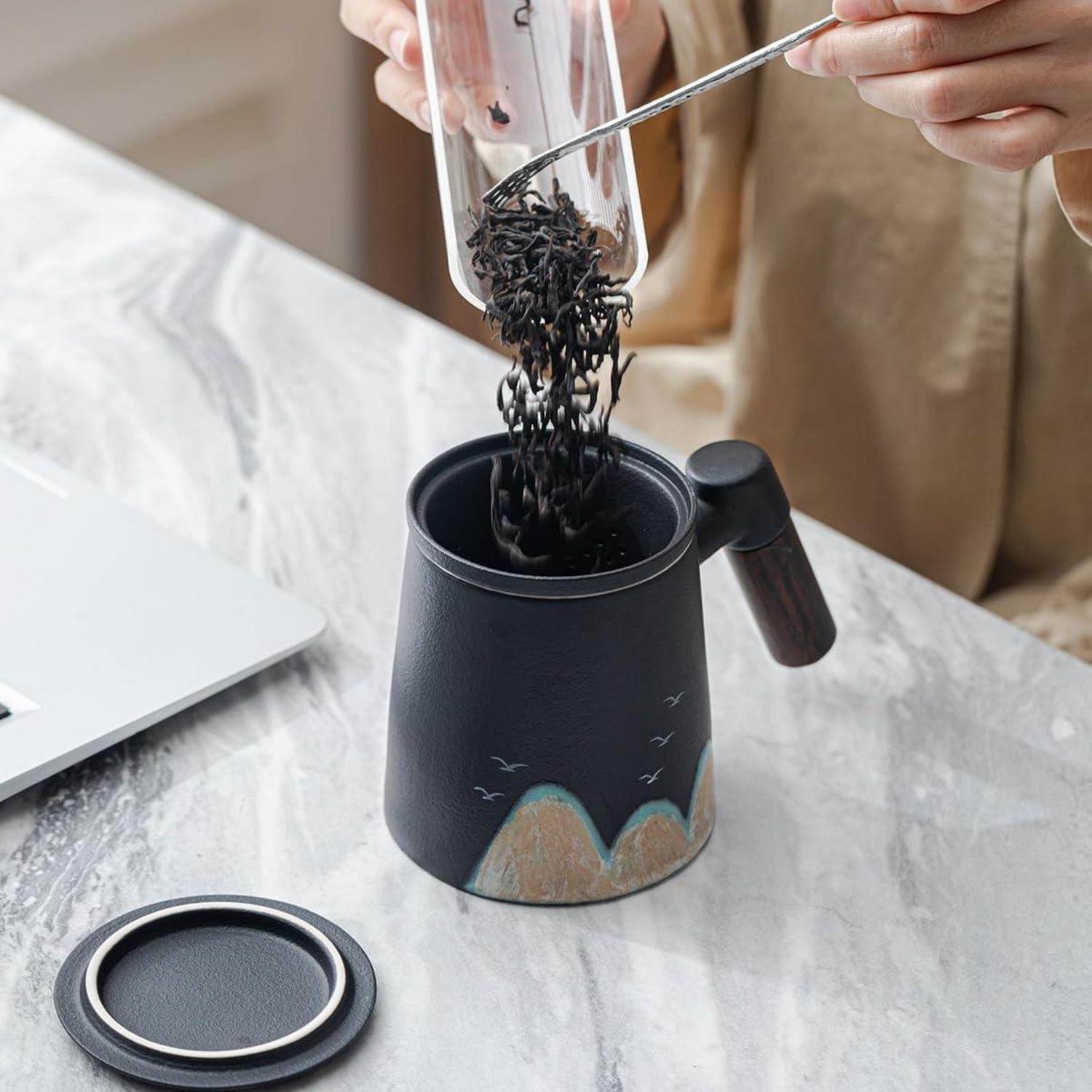 Teebecher mit Deckel 400ml Keramik Teetasse Sandelholzgriff