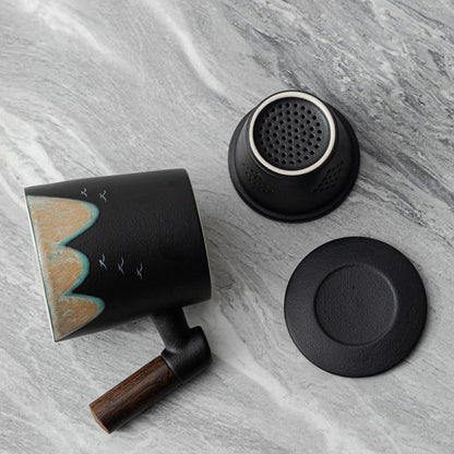 Teebecher mit Deckel 400ml Keramik Sandelholzgriff handgefertigtes