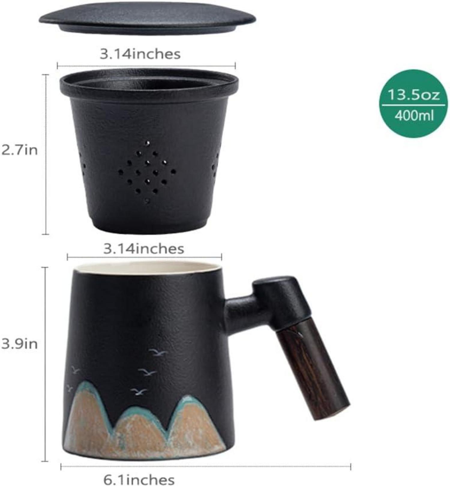 Handgemalter Keramik Teebecher 400ml mit Sandelholzgriff Schwarz