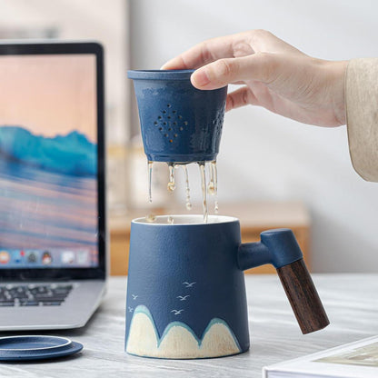 Teebecher Keramik 400ml mit Deckel Sandelholzgriff Blau