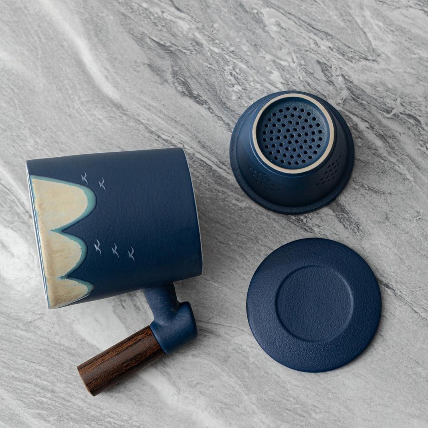 Teebecher Keramik Sandelholzgriff 400ml Handgemaltes Muster Heißes