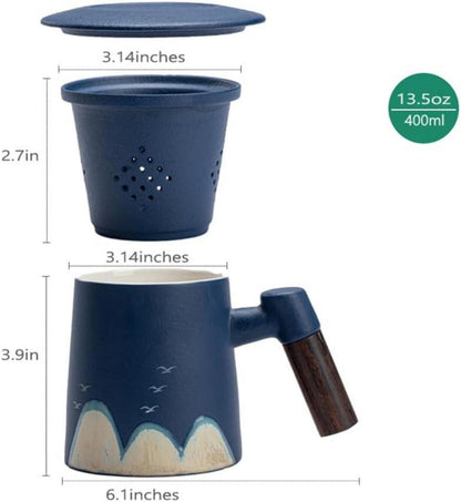 Handgemalter Keramik Teebecher, 400ml mit Sandelholzgriff, Blau