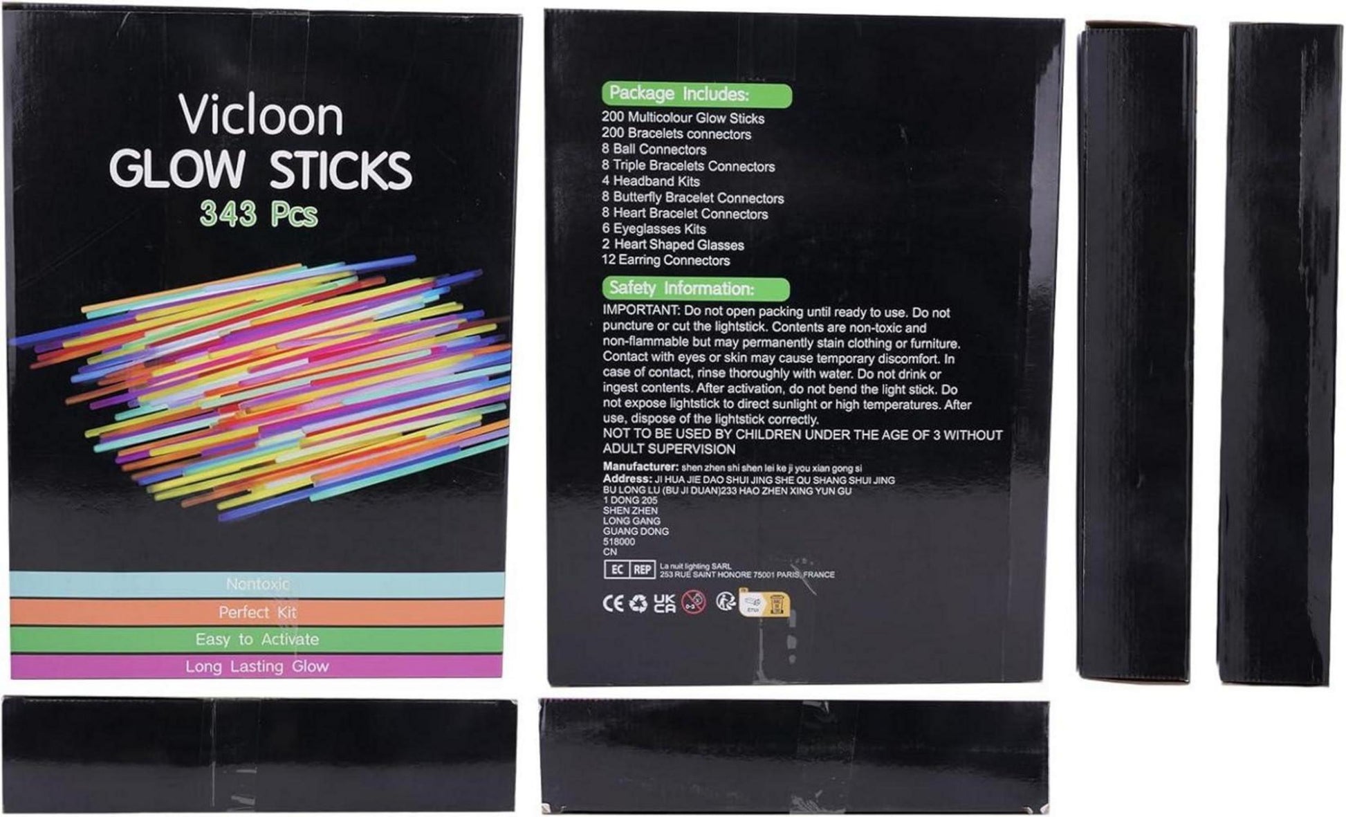 Vicloon Knicklichter Party Set 343 Stück mit Zubehör Brillen Ohrringe Glow Sticks Festivals