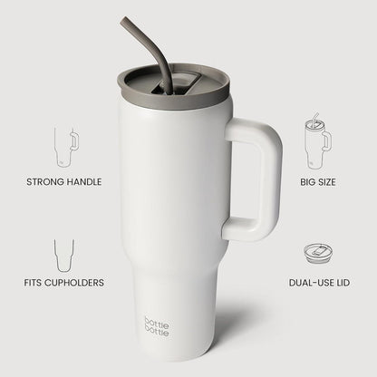 Isolierter Edelstahl Kaffeebecher 1.1L Griff Strohhalm Grau