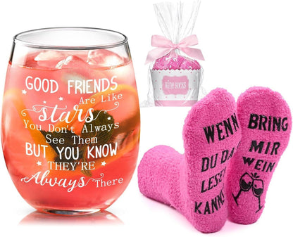 Weinglas mit Lustigen Socken Set für Freundin, Geburtstag, Weihnachten