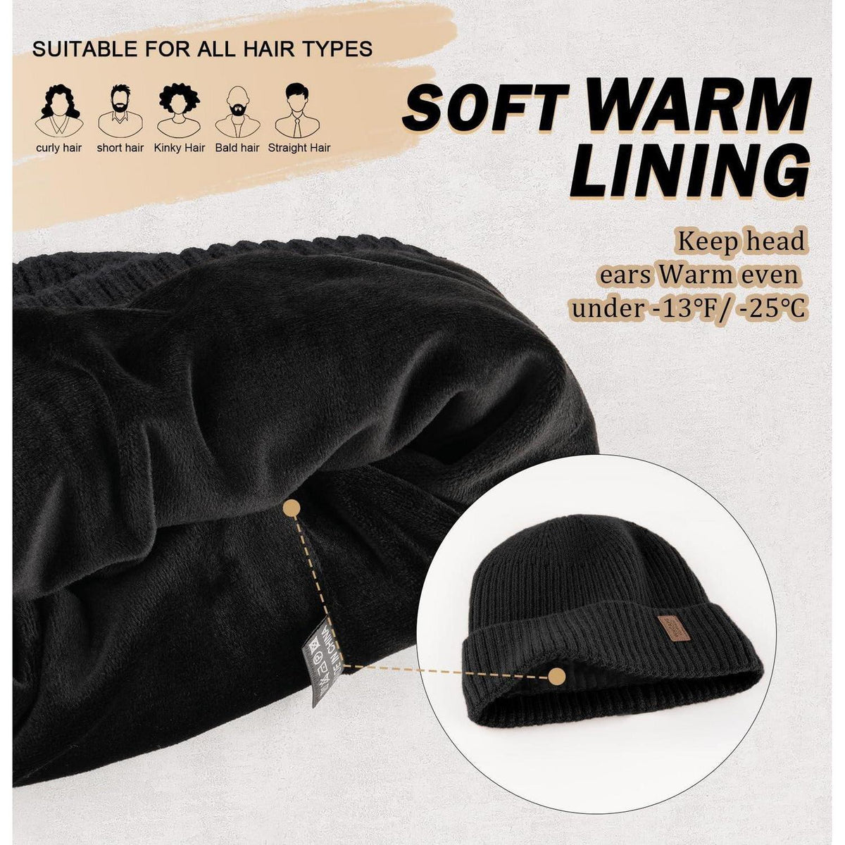 Gefütterte Thermo-Strickmütze für Herren, Einheitsgröße Schwarz