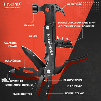 Multitool Hammer Geschenk für Männer - 12-in-1 Werkzeug mit Flaschenöffner und Zange