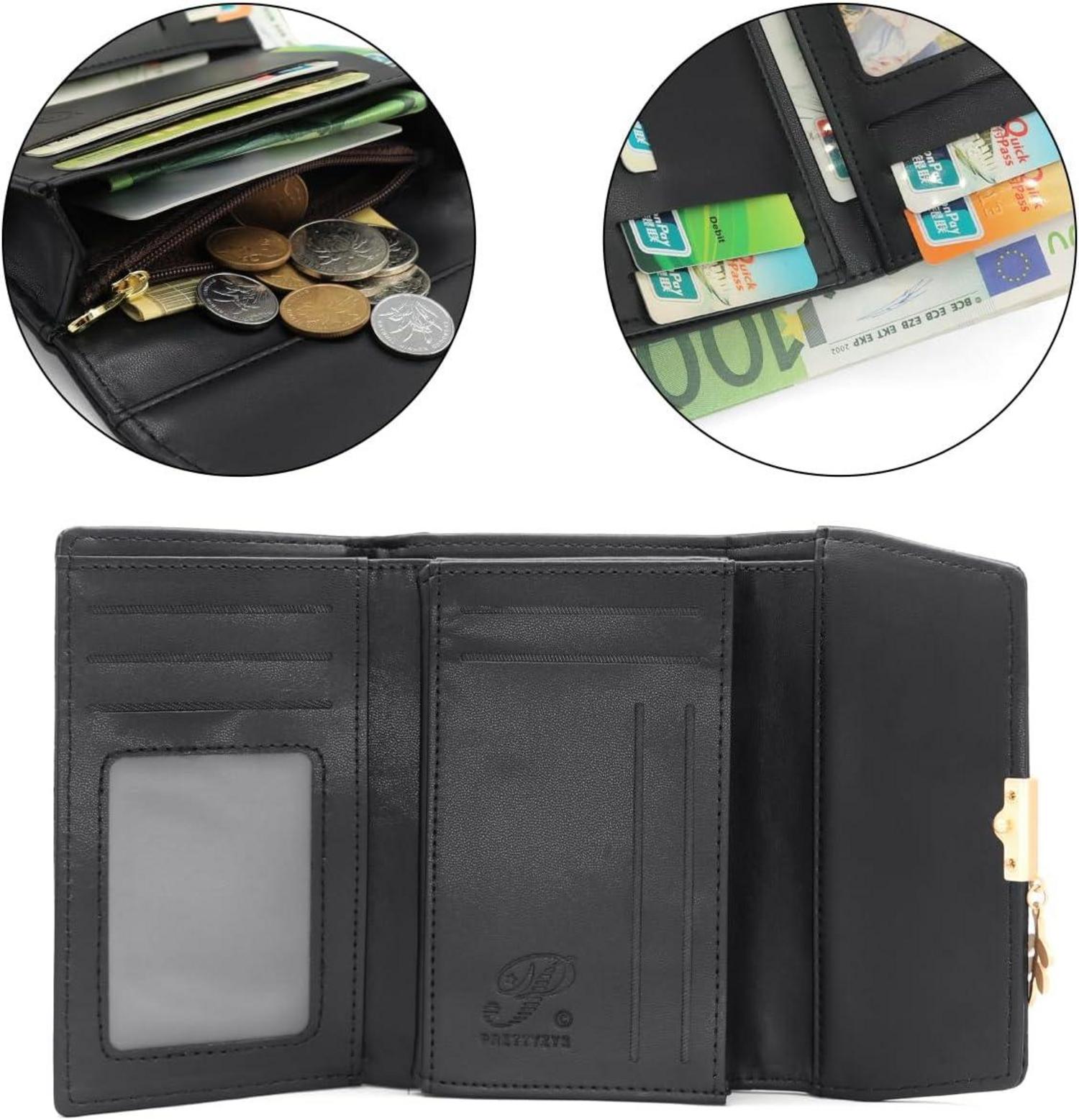 REETEE Damen Geldbörse Weiches Veganleder Schwarz Mini Portemonnaie mit Münzfach und Kartenfächer