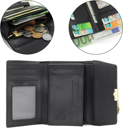 REETEE Damen Geldbörse Weiches Veganleder Schwarz Mini Portemonnaie mit Münzfach und Kartenfächer