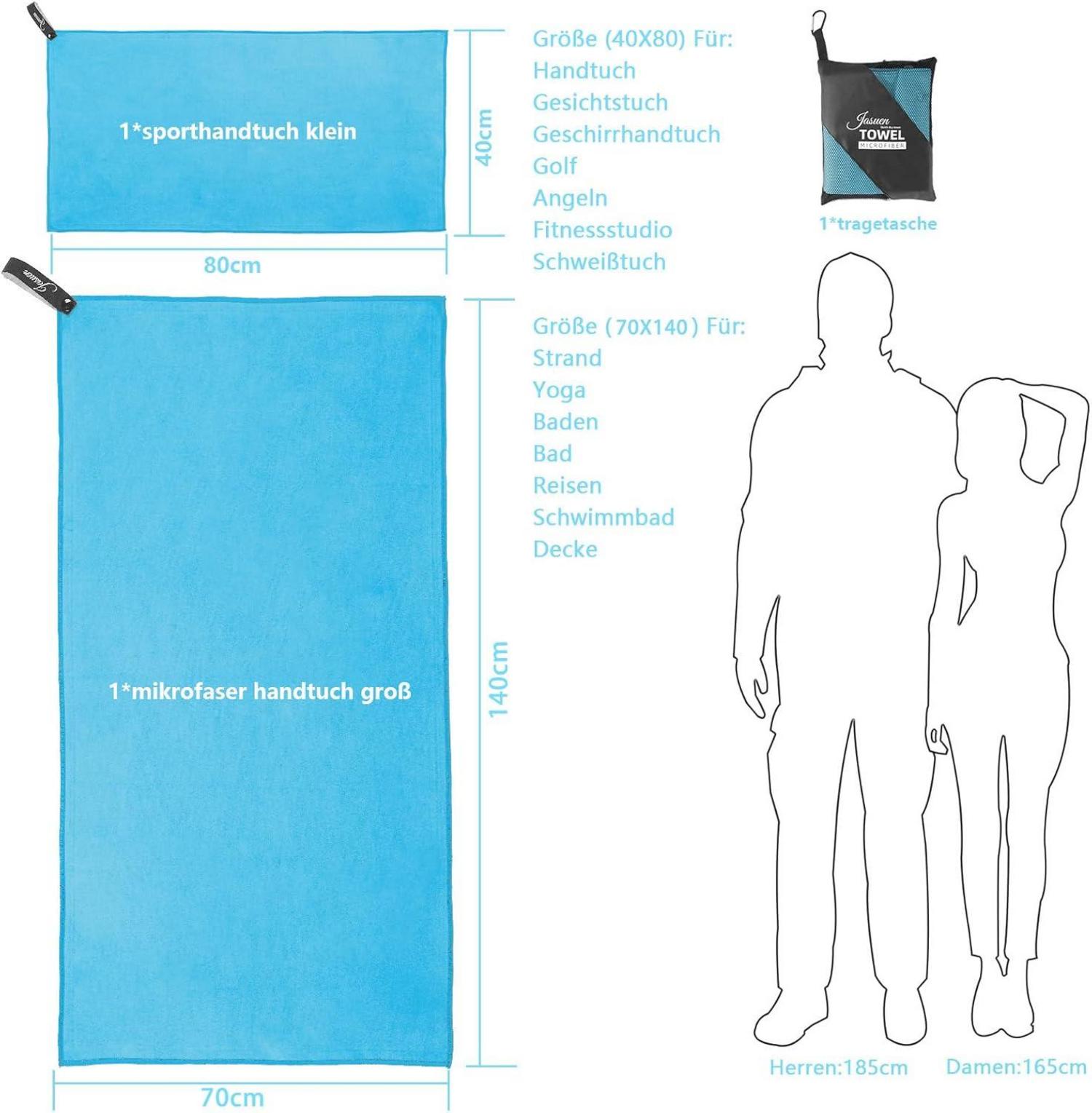 Mikrofaser Handtuch Set 2er Pack Sporthandtuch Reisehandtuch 140x70cm+80x40cm Blau