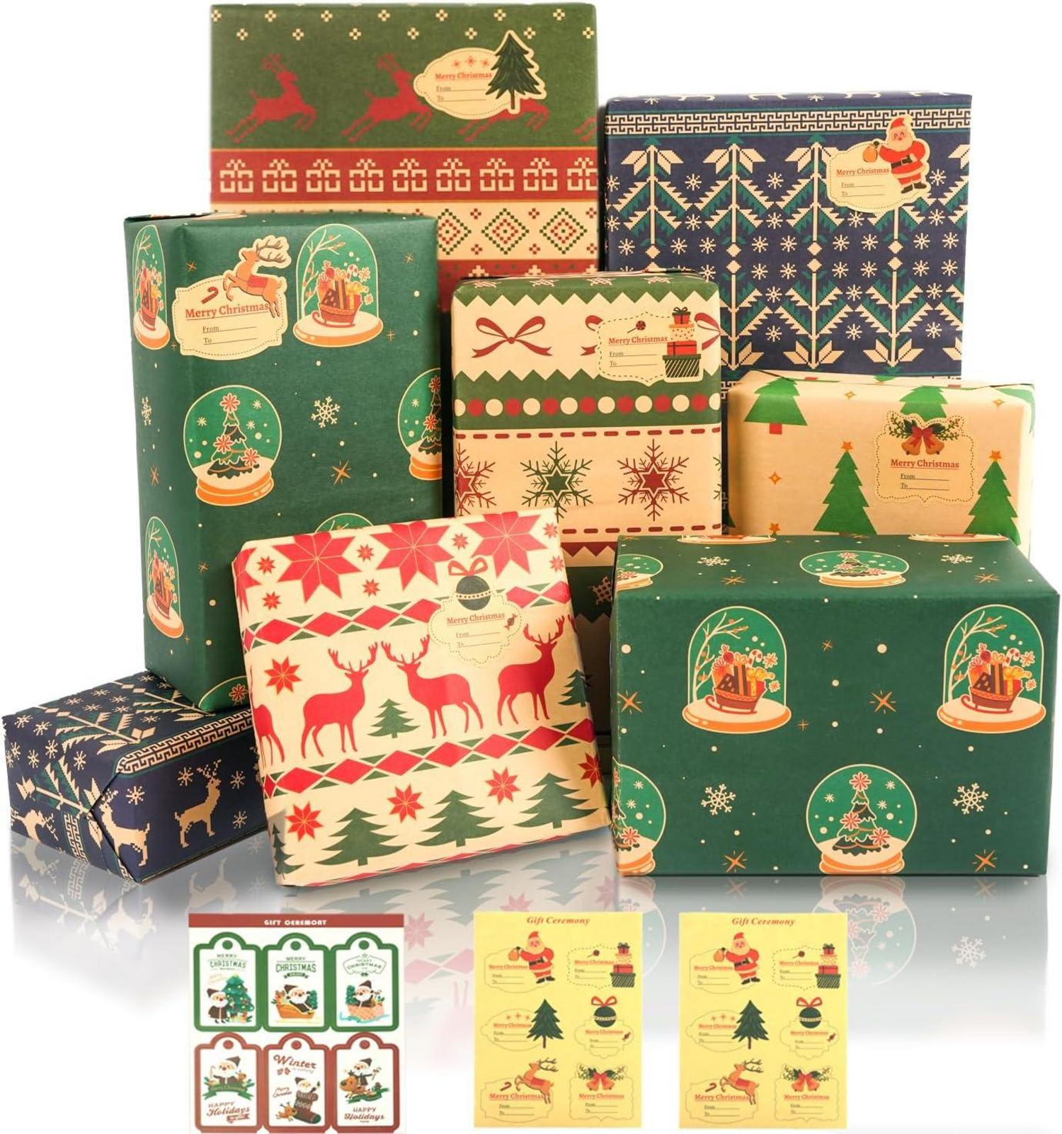 Weihnachten Geschenkpapier Set Retro Design Kraftpapier 6 Blatt