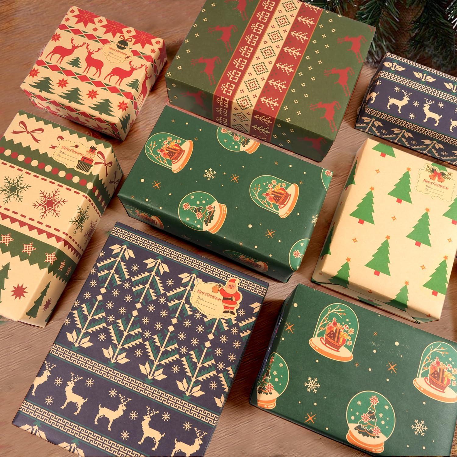Weihnachten Geschenkpapier Set Retro Design Kraftpapier 6 Blatt