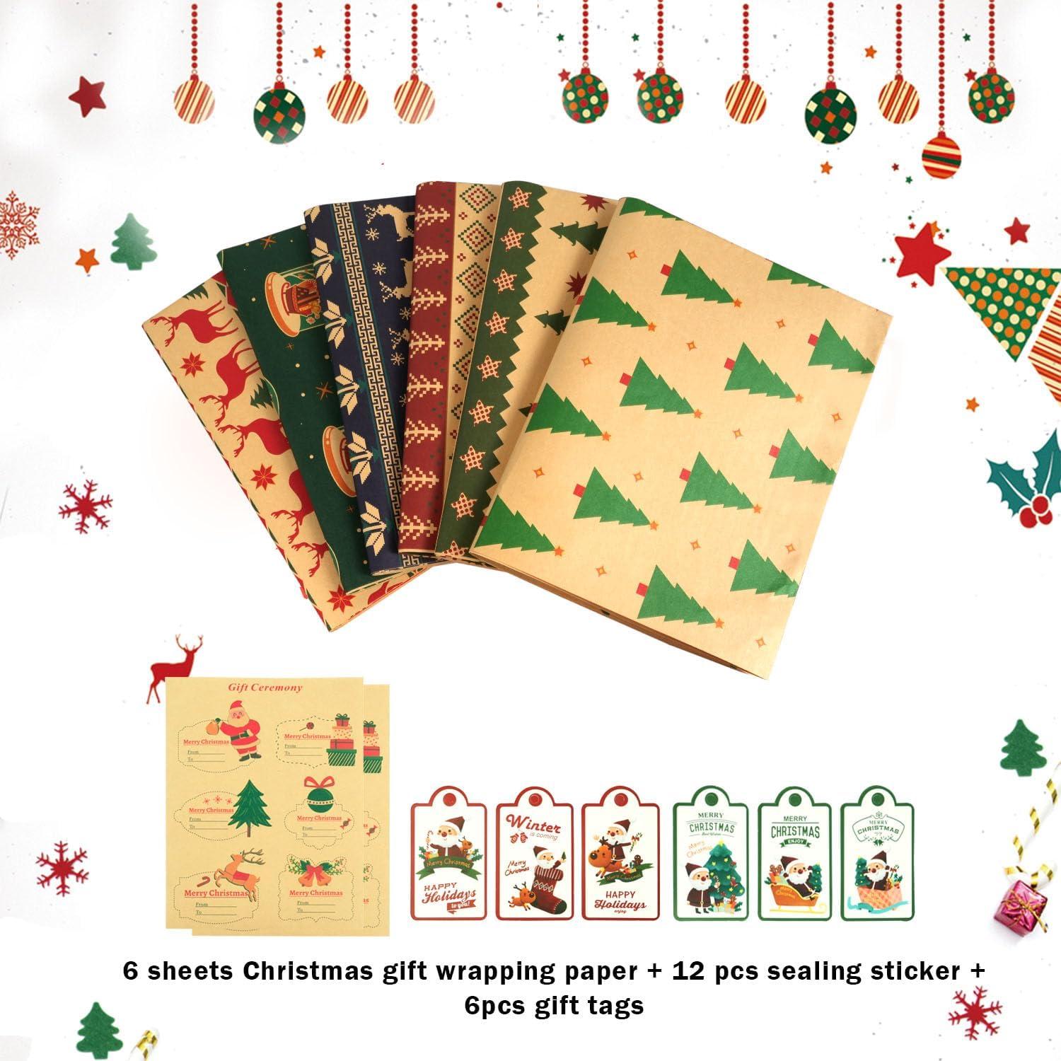 Weihnachten Geschenkpapier Set Retro Kraftpapier 6 Blatt 76x50cm mit