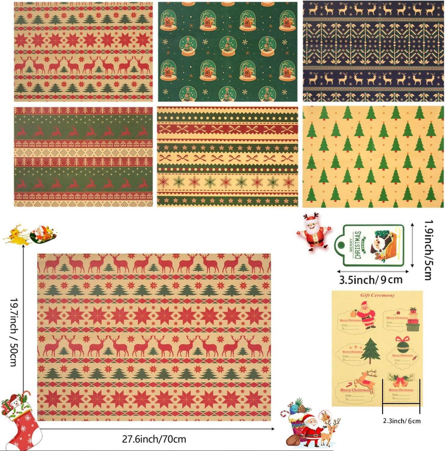 Weihnachten Geschenkpapier-Set 6 Blatt Retro Kraftpapier 76x50cm mit Aufklebern