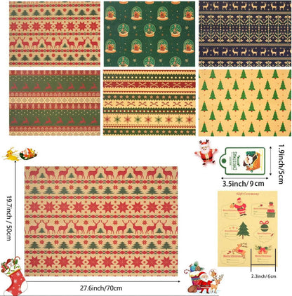 Weihnachten Geschenkpapier-Set 6 Blatt Retro Kraftpapier 76x50cm mit Aufklebern
