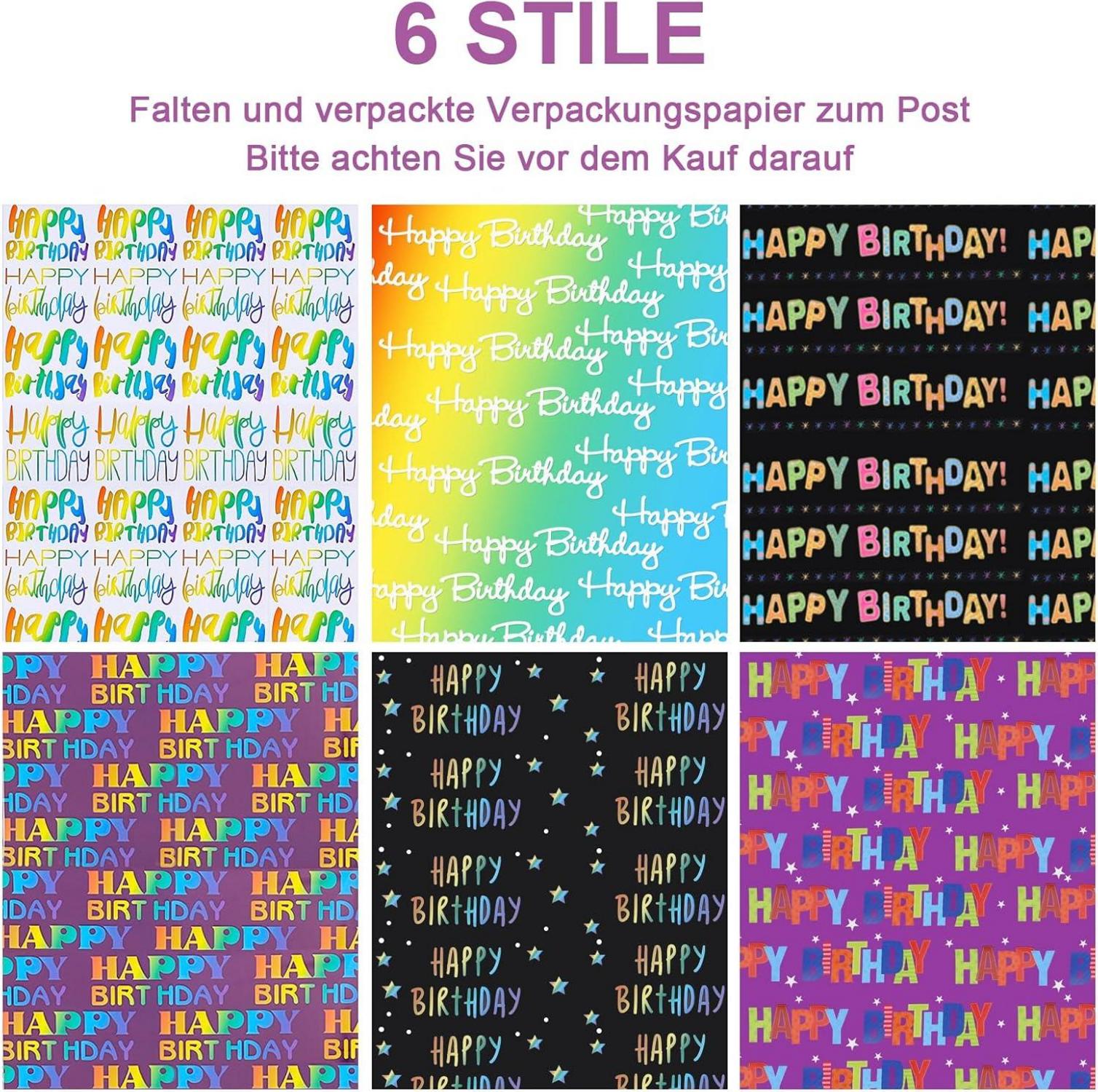 Geschenkpapier Geburtstag Kinder Set 6 Blatt 50x70cm Mädchen Junge HappyBirthday
