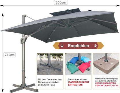 Sonnenschirm Quadratisch 300x300 cm mit Ständer und Kurbel, Grau
