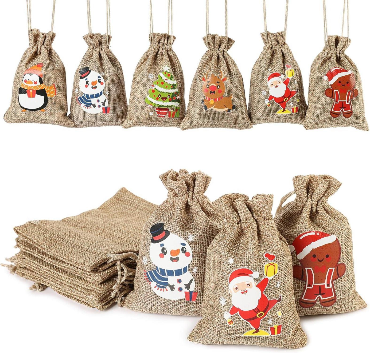 24 Weihnachten Jutesäcke Kordelzug Geschenktüten Party Favors