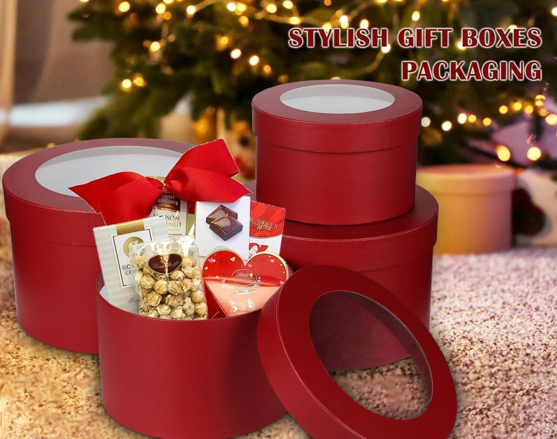 Oairse 4er-Set Aufbewahrungsbox Geschenkbox mit Deckel Rund Rot-2