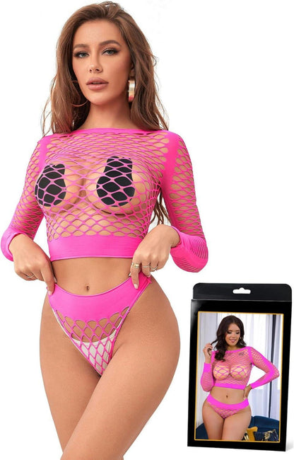 Sexy Transparentes Fischnetz Dessous Set XS-M Rosa