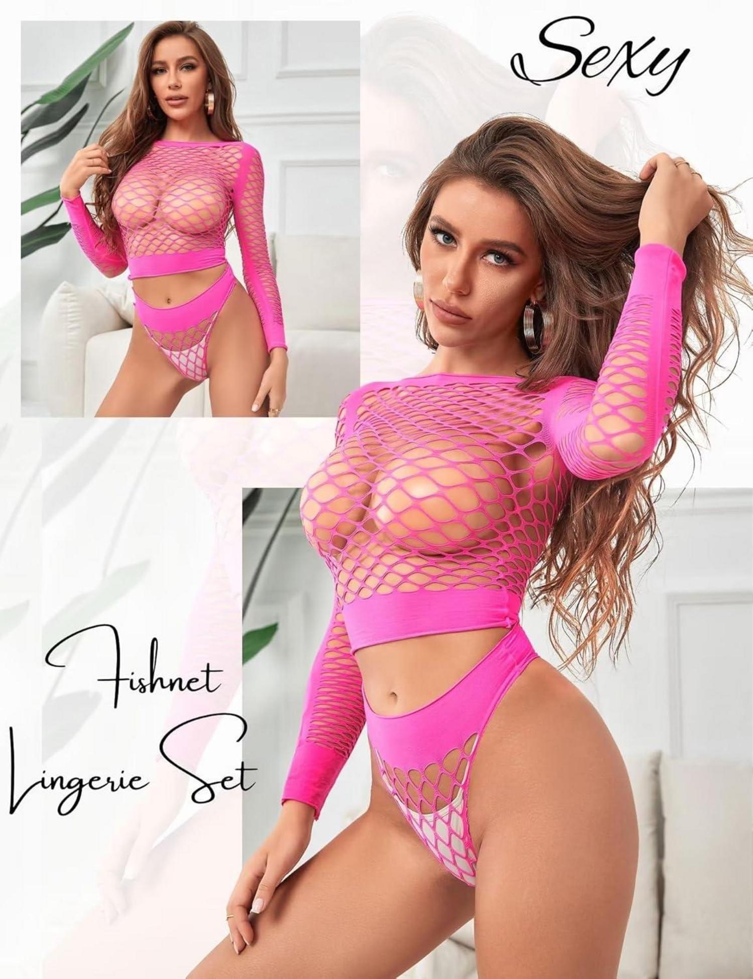 Sexy Transparentes Fischnetz Dessous Set XS-M Rosa