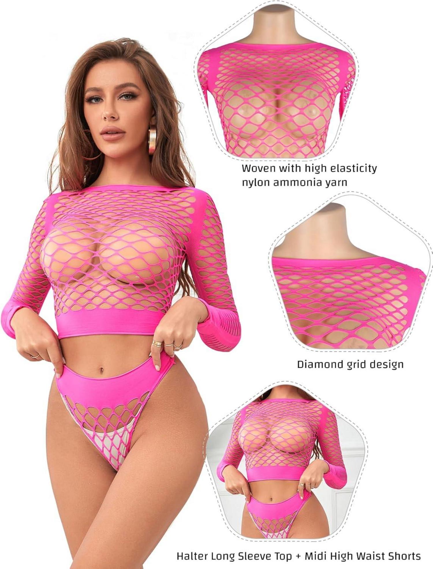Damen Transparente Reizwäsche Langarm Fishnet Set XS-M Rosa