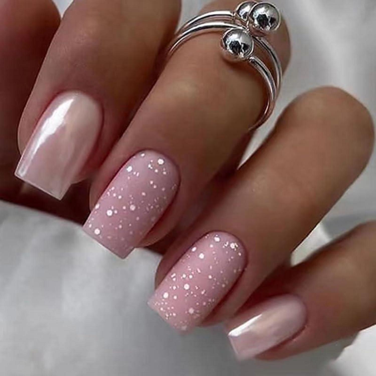 24er Set Silber Eckig Nägel Aufkleben Glitter Kunstnägel Glossy Pink
