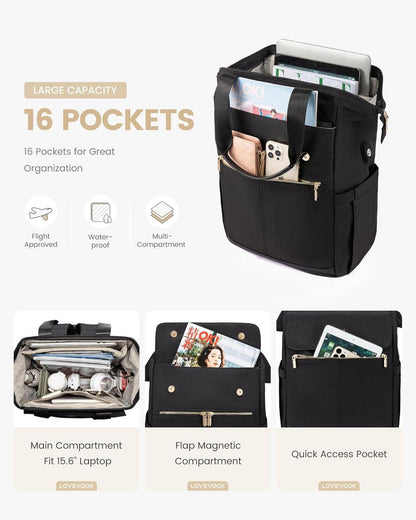 Schulrucksack Schwarz 15,6 Zoll Laptop Damen Backpack Business Cityrucksack