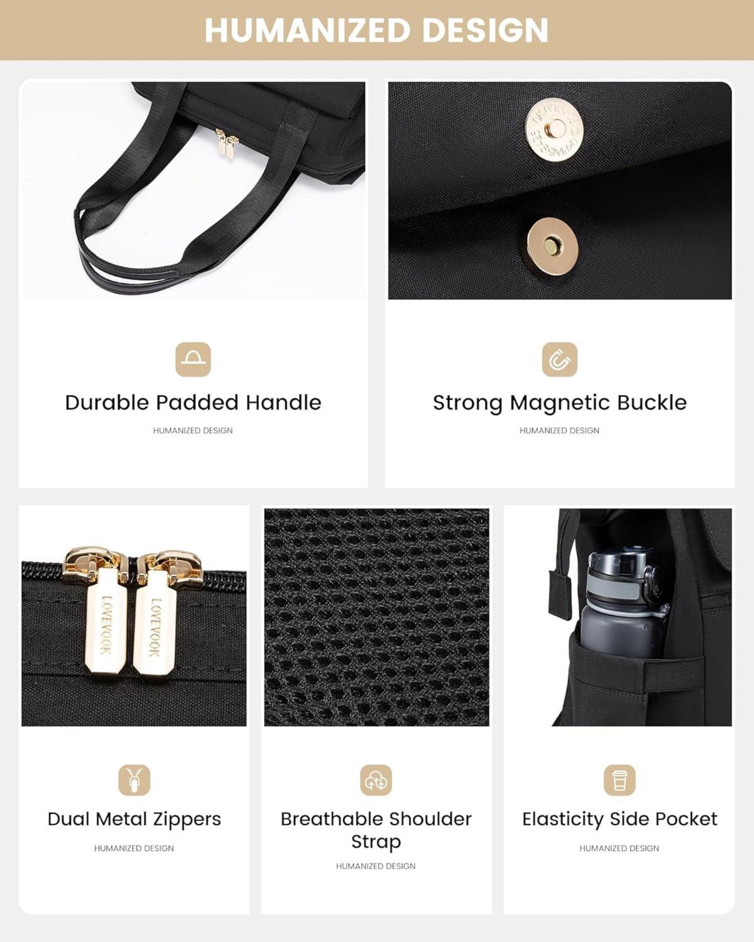 Schwarzer Schulrucksack Damen 15,6 Zoll Laptopfach Stadt-Rucksack