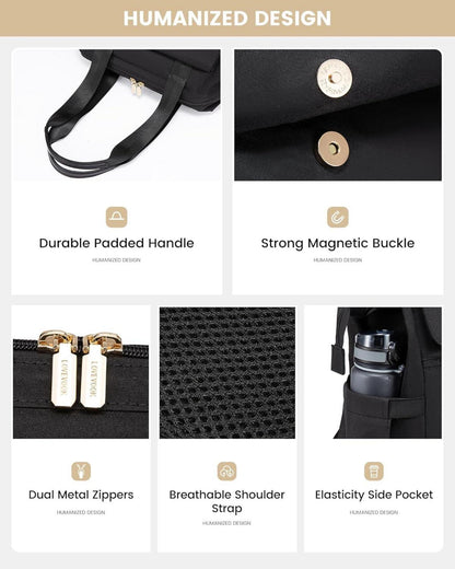 Schwarzer Schulrucksack Damen 15,6 Zoll Laptopfach Stadt-Rucksack