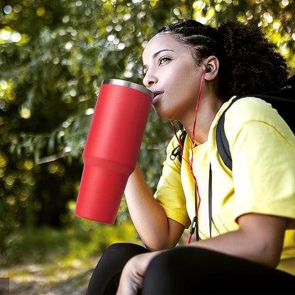 Isolierter Edelstahl Thermobecher 1200ml mit Griff und Strohhalm, Rot