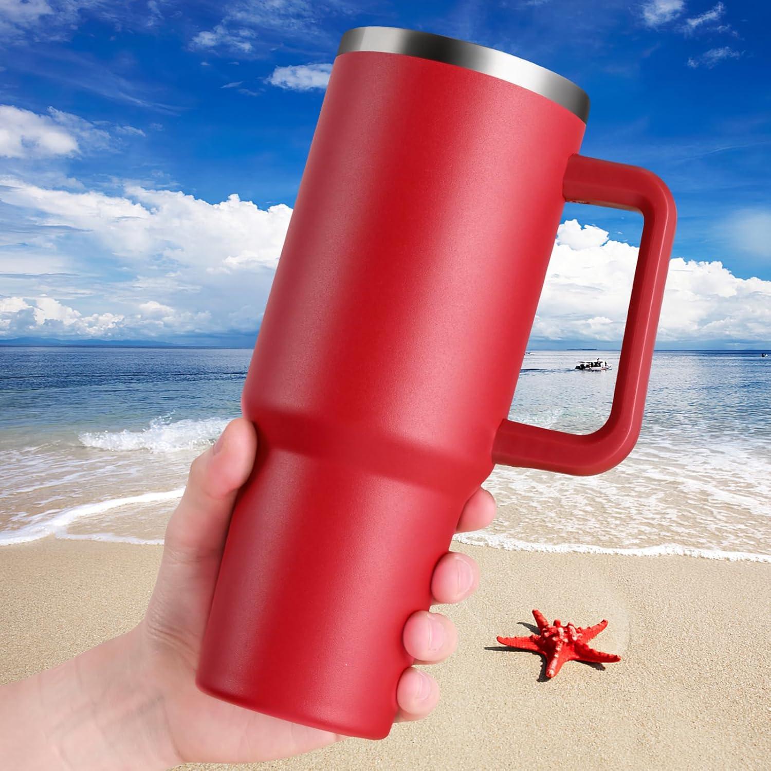 Livole 40oz 1200ml Edelstahl Thermobecher Trinkbecher mit Griff und Strohhalm Rot