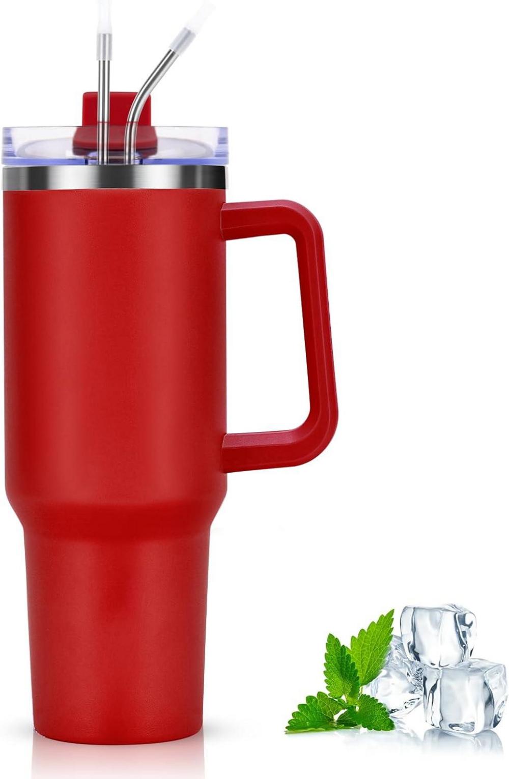 Livole 40oz 1200ml Edelstahl Thermobecher Trinkbecher mit Griff und Strohhalm Rot
