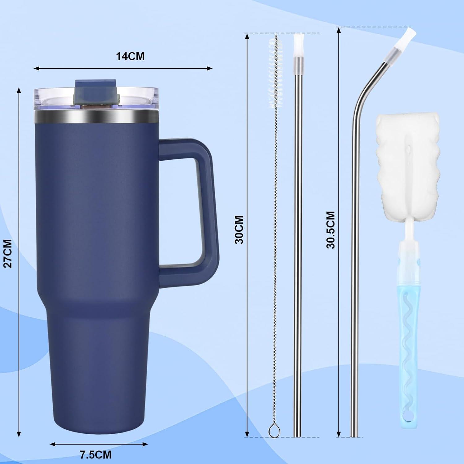 Edelstahl Thermobecher 40oz 1200ml mit Griff, Deckel, Strohhalm, marineblau