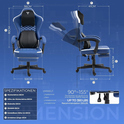 Massage Gaming Stuhl mit beheizter Lendenwirbelstütze, Fußstütze