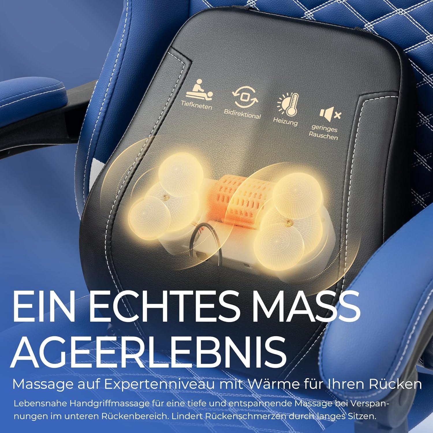 Ergonomischer Gaming Stuhl mit Heizmassage, Taschenfederkissen & Fußstütze, blau