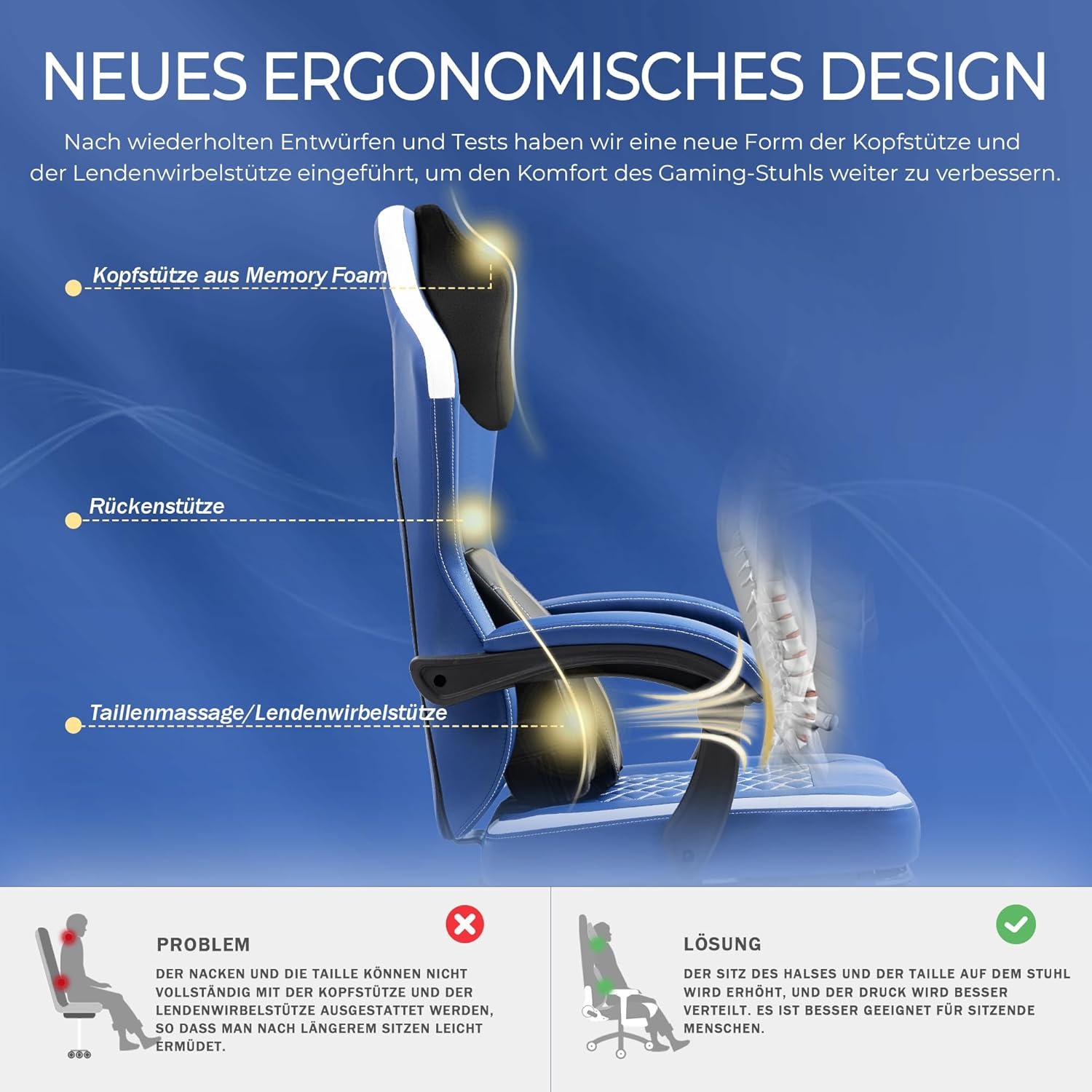Ergonomischer Gaming Stuhl mit Massage und Fußstütze, blau