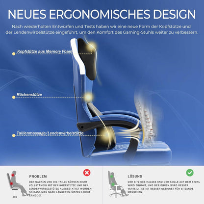 Ergonomischer Gaming Stuhl mit Massage und Fußstütze, blau