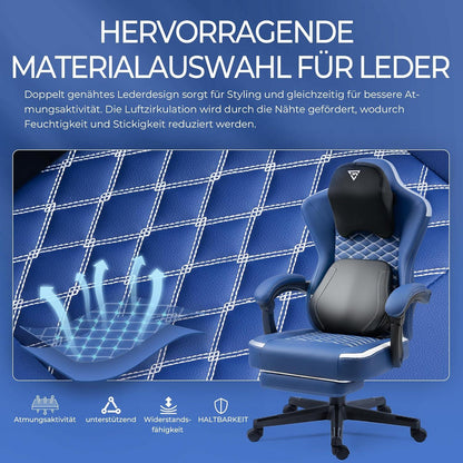 Ergonomischer Gaming Stuhl mit Massage und Fußstütze, blau