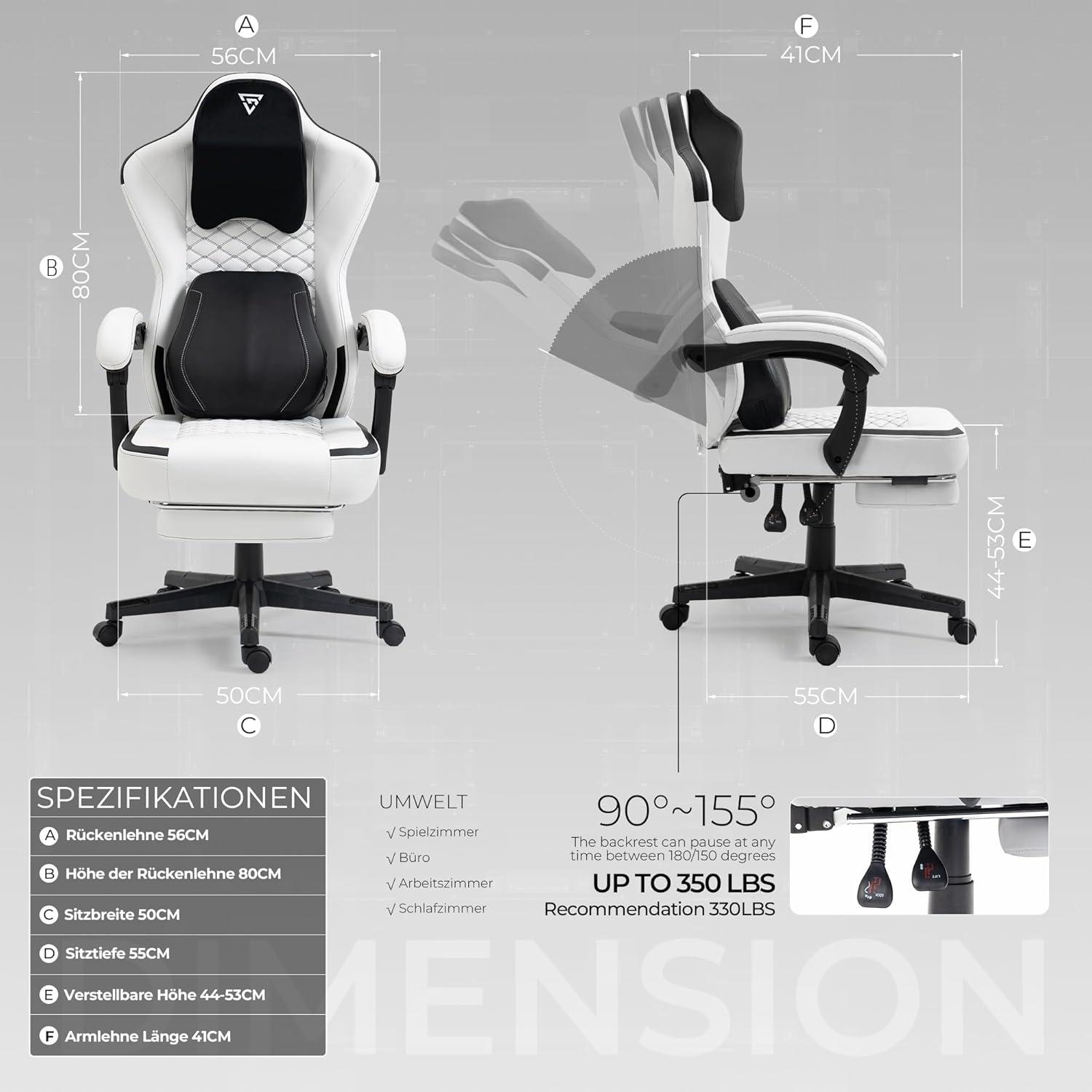 Ergonomischer Gaming Stuhl mit beheizbarer Massage-Lendenwirbelstütze