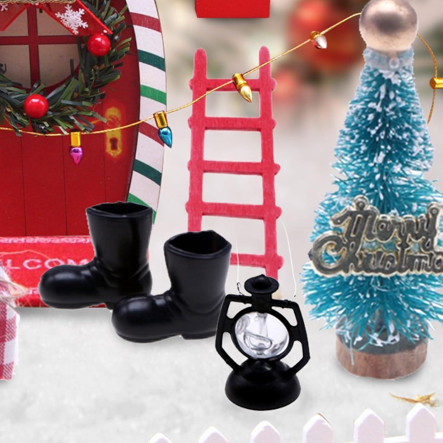 Wichteltür Zubehör Weihnachten Set 18-teilig Wichtel Tür Holz inkl. Miniatur Briefkästen Zäun Leiter Stiefel Kranz Feentür