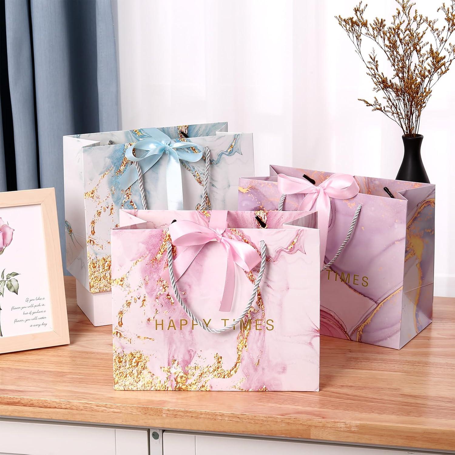 3er Set Geschenktüten Marmormuster 25x20x12cm Henkel Schleifenband