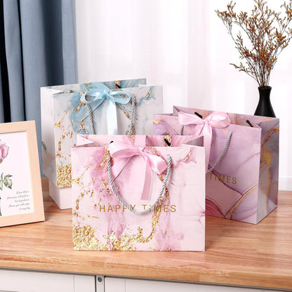 3er Set Geschenktüten Marmormuster 25x20x12cm Henkel Schleifenband