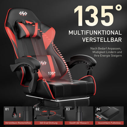 HLONONE Ergonomischer Gaming Stuhl mit Fußstütze, Schwarz-Rot