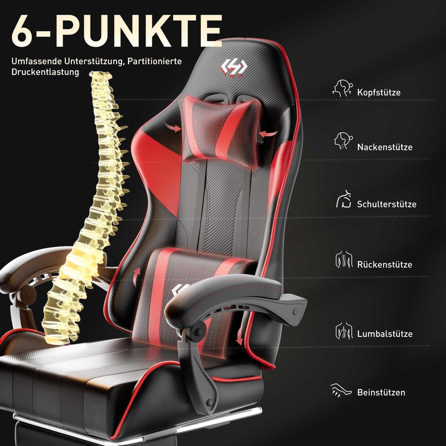 HLONONE Gaming Stuhl mit Fußstütze, Racing Gamer Sessel - Schwarz-Rot