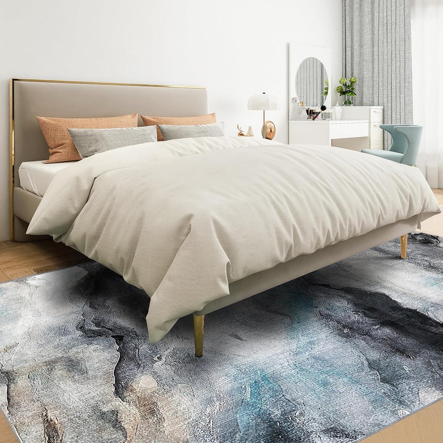 Moderne Kurzflor Teppich Blau Flauschiger Wohnzimmer Schlafzimmer