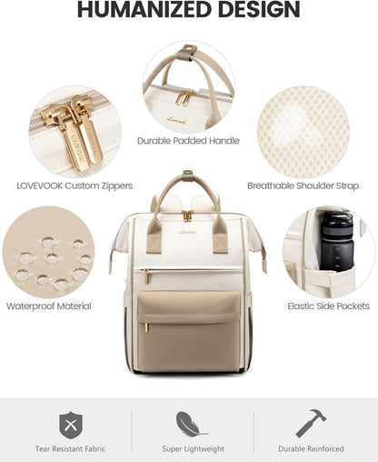 Damen Rucksack 15,6 Zoll Laptop Arbeitstasche Wasserdicht Beige